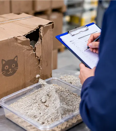 Inspector documenting a damaged cat litter carton and spilled litter particles