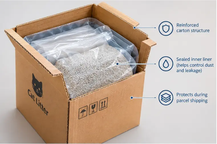 Parcel-ready cat litter packaging with sealed inner liner