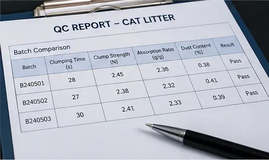 QC report comparing cat litter batches against defined test criteria