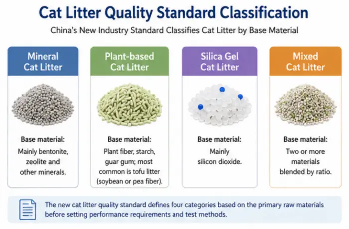 Cat litter classification under China's new industry standard: mineral, plant-based, silica gel, and mixed