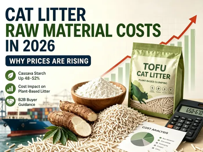 Cat litter raw material costs in 2026 showing rising cassava starch prices, tofu cat litter production costs and B2B cost analysis
