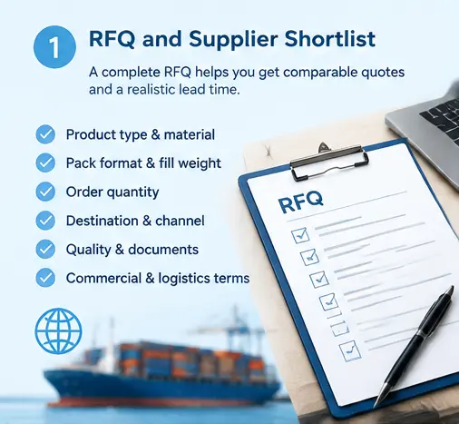 Cat litter RFQ checklist covering product type, pack size, order quantity, destination, and documents