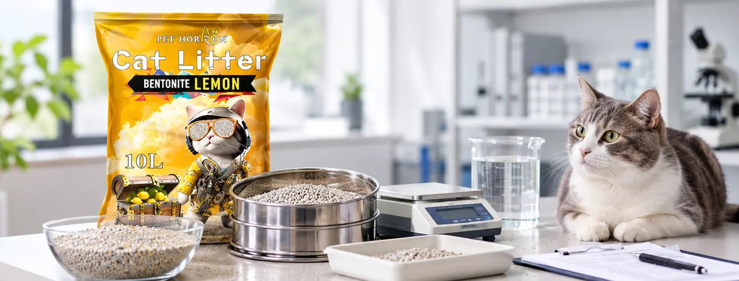 Cat litter sample testing setup with sieve, scale, and test container
