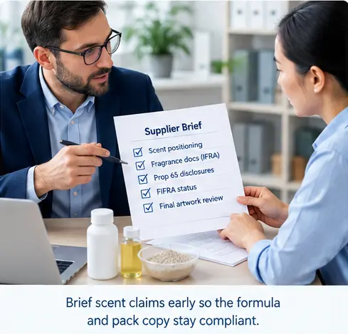Buyer briefing a supplier on compliant cat litter scent claims
