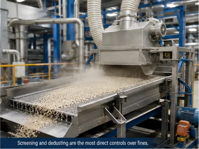Cat litter screening and dedusting process for removing loose fines