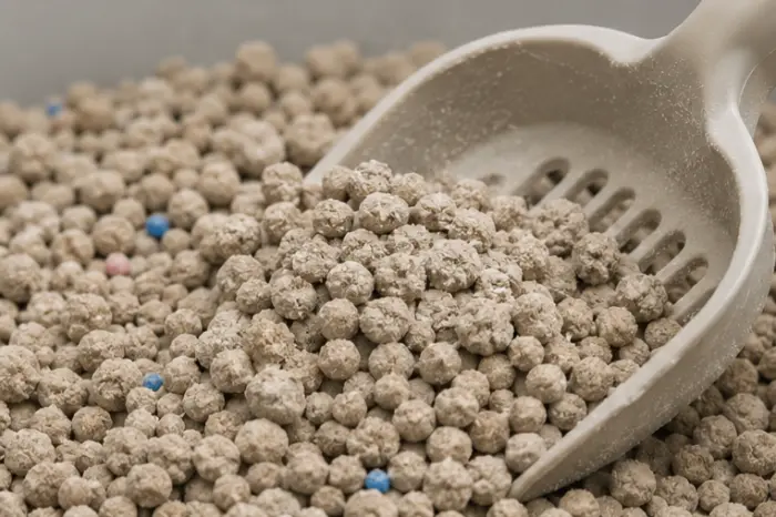 Close-up of bentonite clay cat litter granules showing fine dust particles