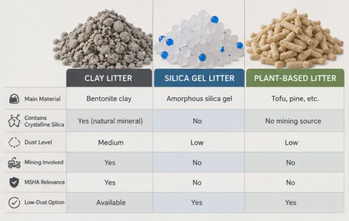 Comparison table style visual of clay versus plant-based low-dust cat litter