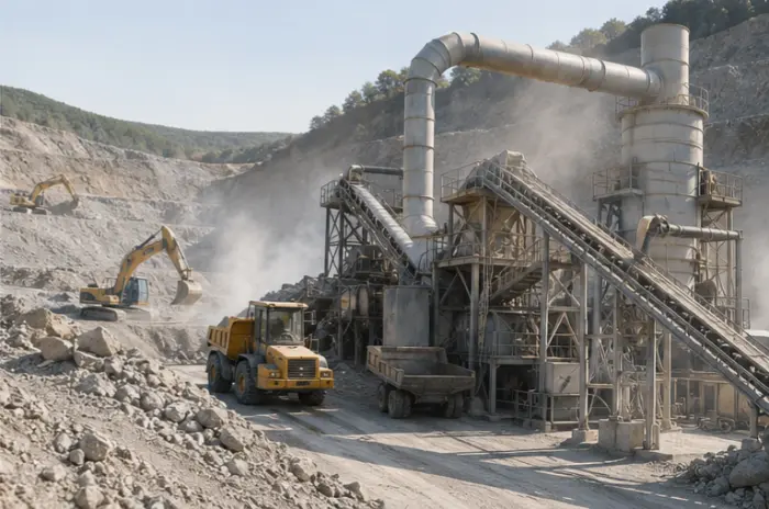 Illustrative mining and milling dust-control scene for cat litter clay