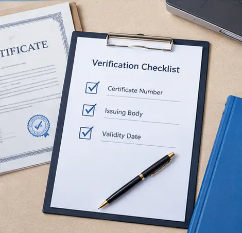 Checklist for verifying a supplier certificate number, issuing body, and validity date