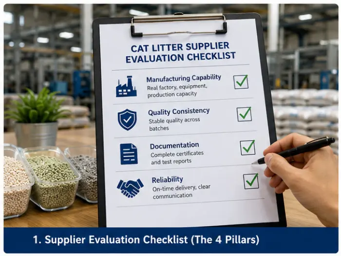 Cat litter supplier evaluation checklist showing manufacturing capability quality documentation and reliability