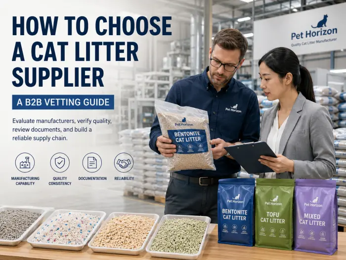 Buyer evaluating a professional cat litter supplier in a manufacturing facility for wholesale and OEM sourcing