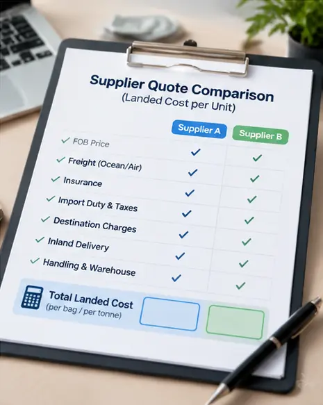Comparing cat litter supplier quotes by landed cost per unit