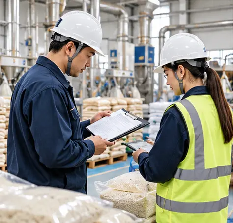 Factory auditors reviewing site inspection records at a cat litter manufacturing facility