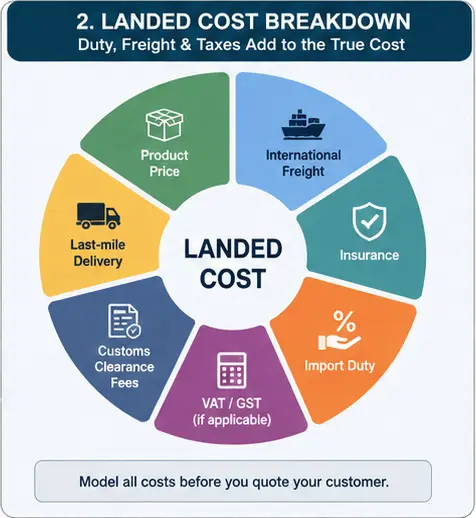 Landed cost breakdown including duty and freight for cat litter import