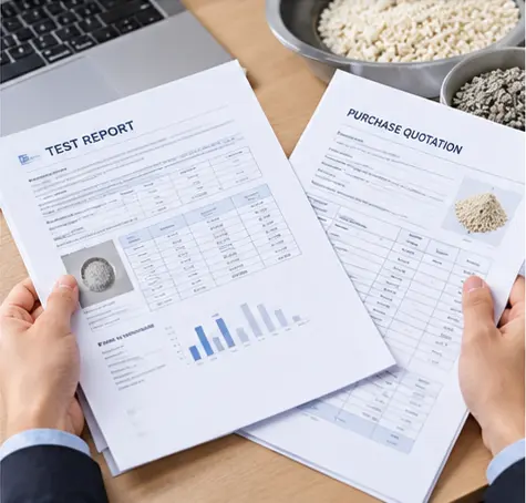 Buyer comparing a cat litter laboratory test report with the product specification