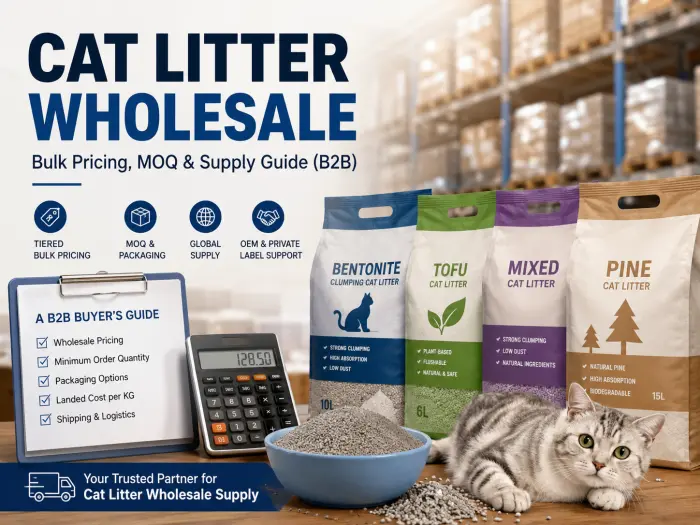 Cat litter wholesale guide showing bulk packaging, wholesale pricing, MOQ, and OEM supply for B2B buyers