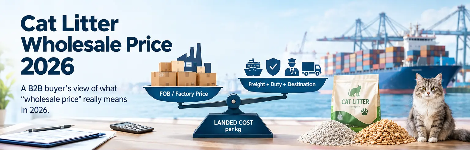 Illustration of cat litter wholesale price benchmarking across FOB, freight, duty, and landed cost
