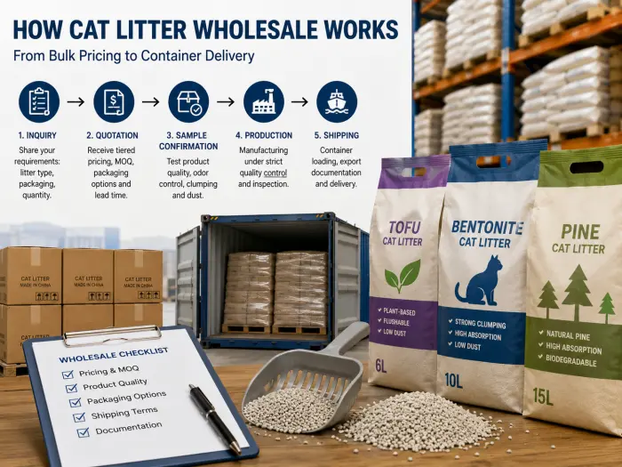 Wholesale cat litter ordering process from inquiry and quotation to production and container shipping