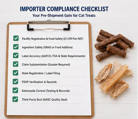 U.S. cat treat import compliance checklist for FDA, FSVP, ingredients and Salmonella controls