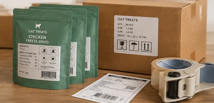 Cat treat pouches packaged for parcel shipping