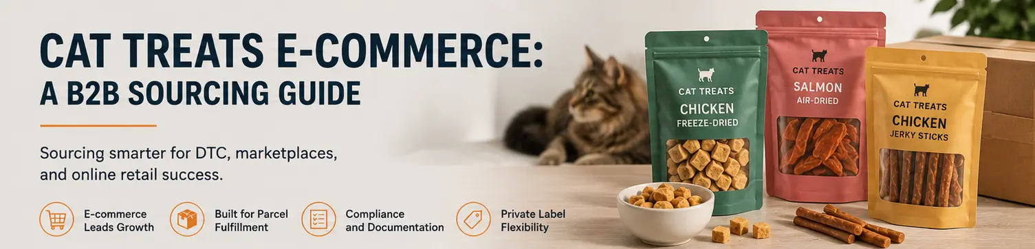 Cat treats and packaging prepared for e-commerce and DTC retail