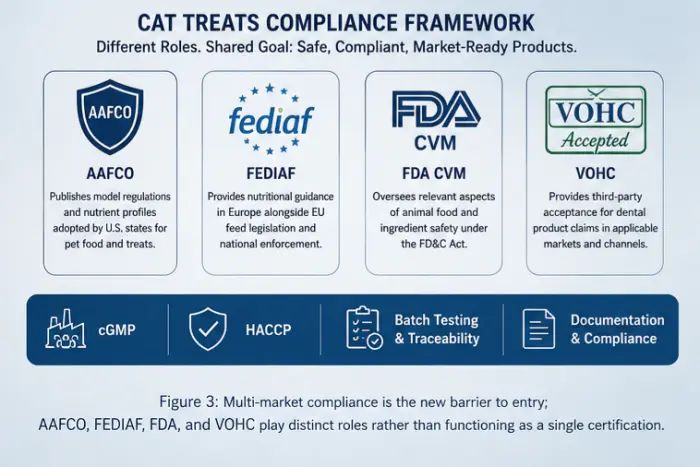 Cat treat compliance framework showing the distinct roles of AAFCO, FEDIAF, FDA, and VOHC