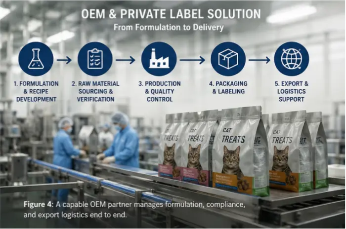 Cat treats OEM private label manufacturing flow from formulation to export