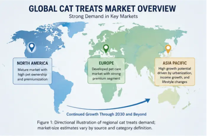 Directional illustration of regional cat treats demand across North America, Europe, and Asia