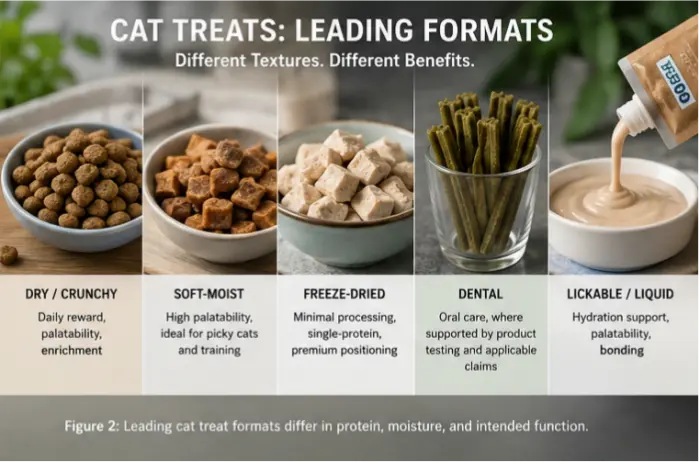 Comparison of cat treat formats including dry, soft, freeze-dried, dental, and lickable