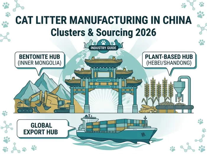 Infographic cover for China cat litter manufacturing showing Inner Mongolia bentonite hub, Hebei and Shandong plant-based belts, and coastal export ports.