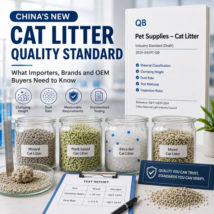 Cover image illustrating China's new cat litter quality standard with material classification, clumping height, dust rate testing, and quality inspection for OEM and wholesale buyers