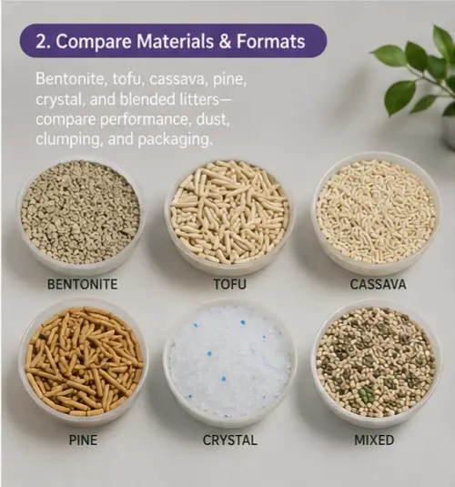 Bentonite, tofu, cassava, pine, crystal, and mixed cat litter materials
