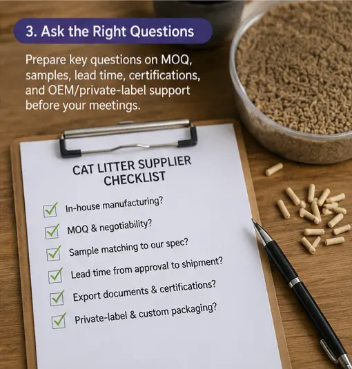 Cat litter supplier checklist for MOQ, samples, lead time, certifications, and private label