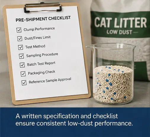 Pre-shipment quality checklist beside a low dust clumping cat litter sample