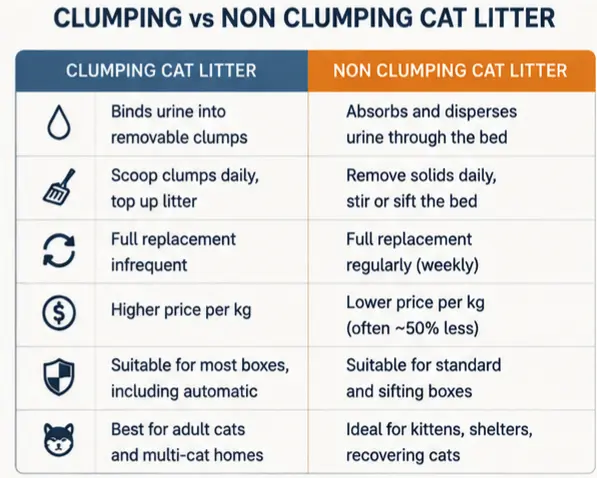 Comparison infographic explaining differences between clumping and non clumping cat litter maintenance models