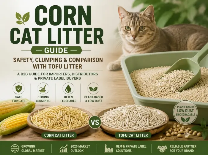Corn cat litter guide showing plant-based granules comparison with tofu litter for B2B buyers
