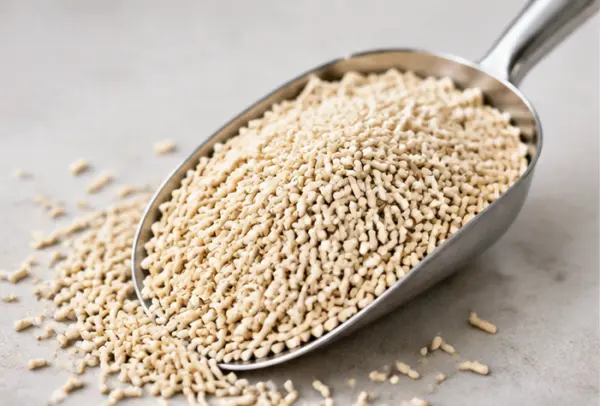 Corn cat litter granules in a scoop showing pale texture and fine particles