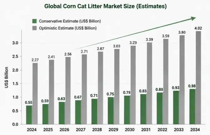 Bar chart showing corn cat litter market growth from 2024 to 2034