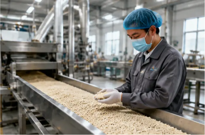 Factory worker inspecting plant-based cat litter production line