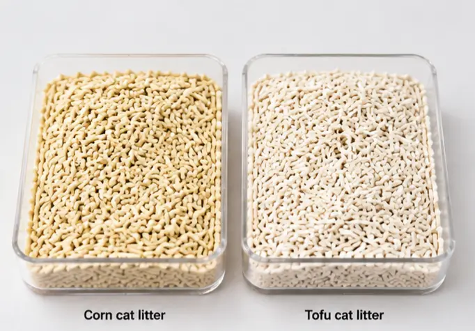 Side by side comparison of corn and tofu cat litter granules