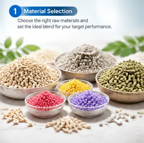 Material selection for custom cat litter formula development including tofu, bentonite, and pine cat litter materials