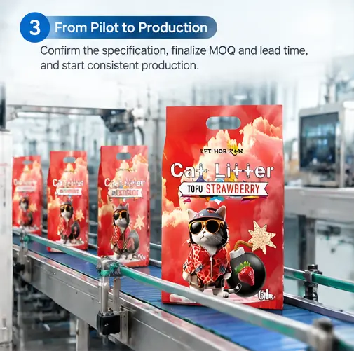 Custom cat litter formula pilot production before OEM mass manufacturing