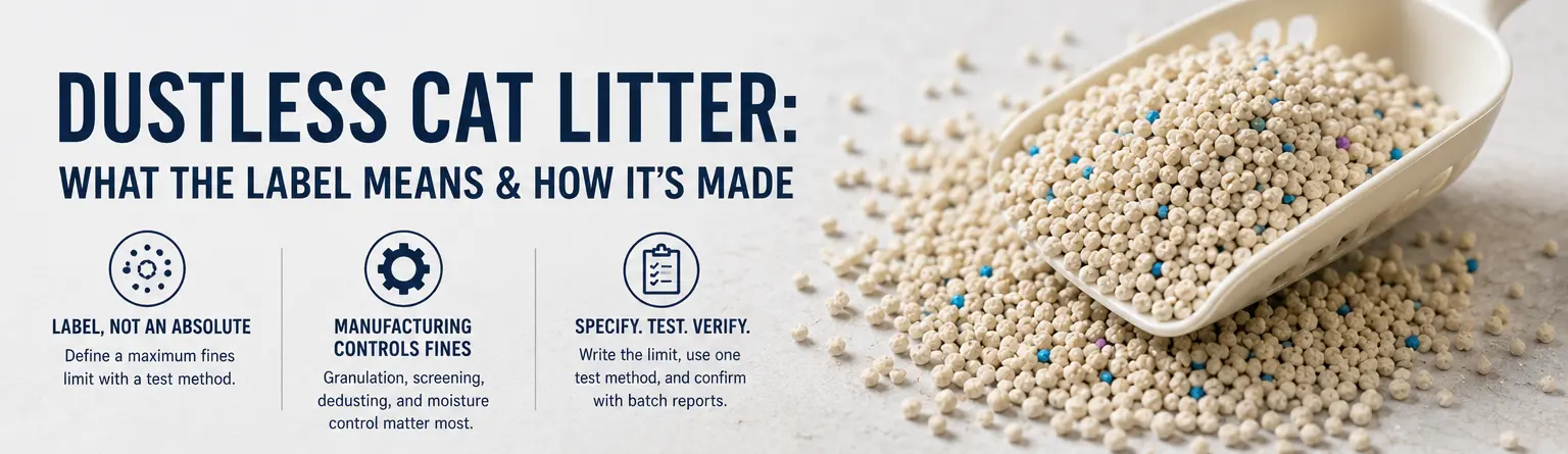 Dustless cat litter granules and manufacturing controls for reducing loose fines