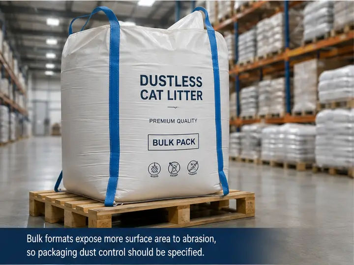 Bulk dustless cat litter packaging designed to reduce fines during transport