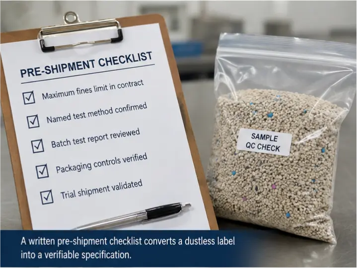 Pre-shipment checklist for verifying dustless cat litter specifications