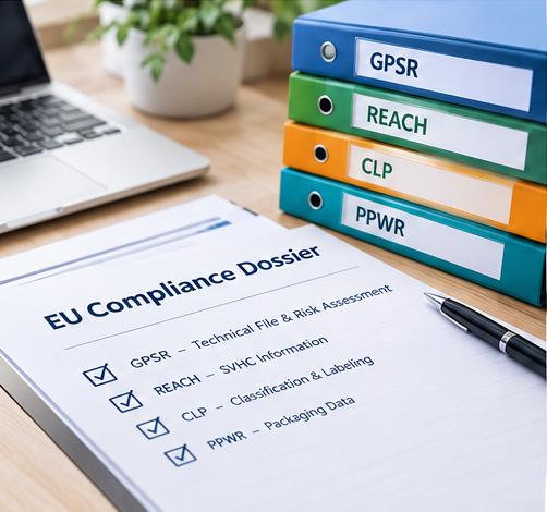 EU cat litter compliance dossier with GPSR, REACH, CLP, and PPWR documentation