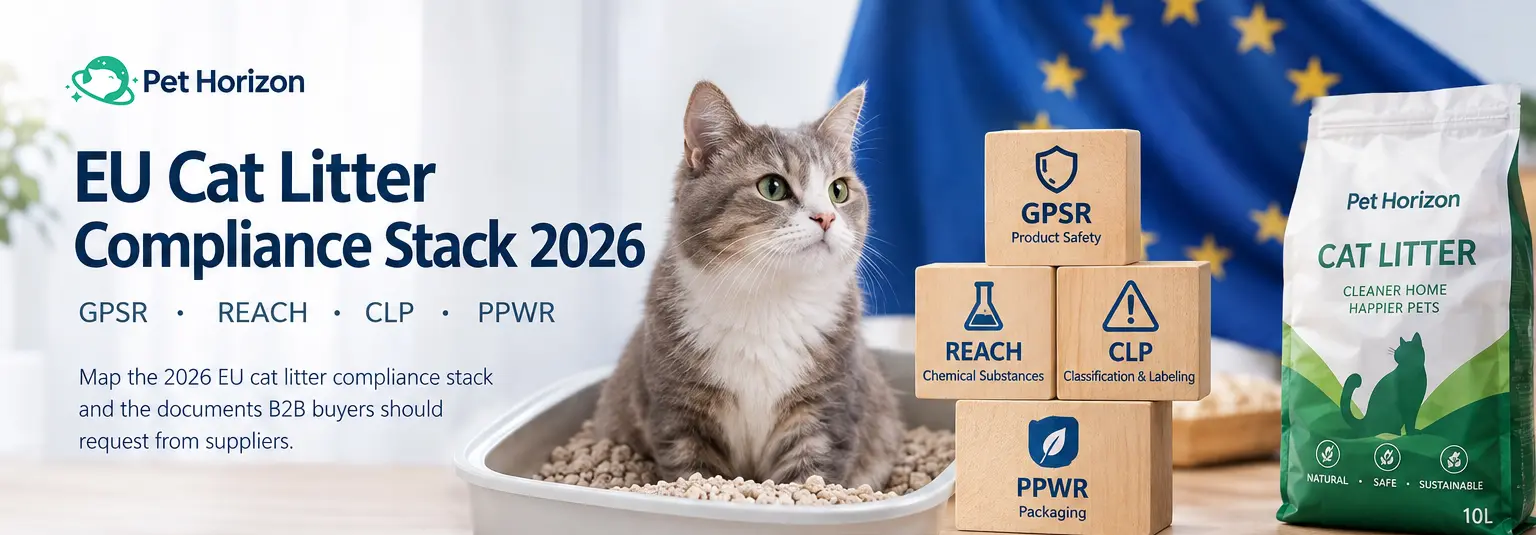 EU cat litter compliance stack for B2B buyers covering GPSR, REACH, CLP, and PPWR