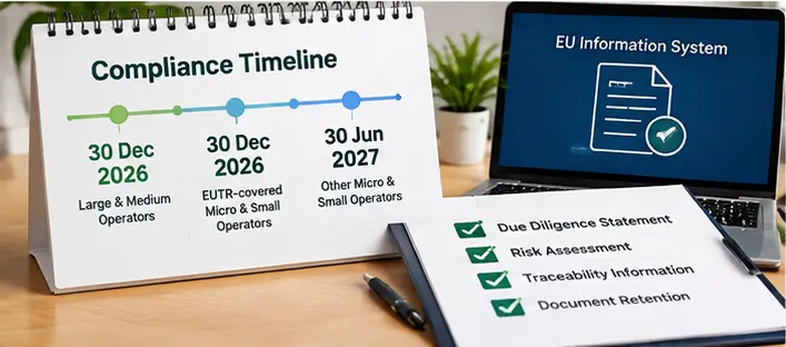EUDR compliance timeline for wood cat litter operators in 2026 and 2027
