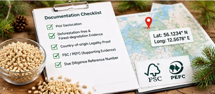 EUDR documentation checklist with wood cat litter geolocation and compliance records