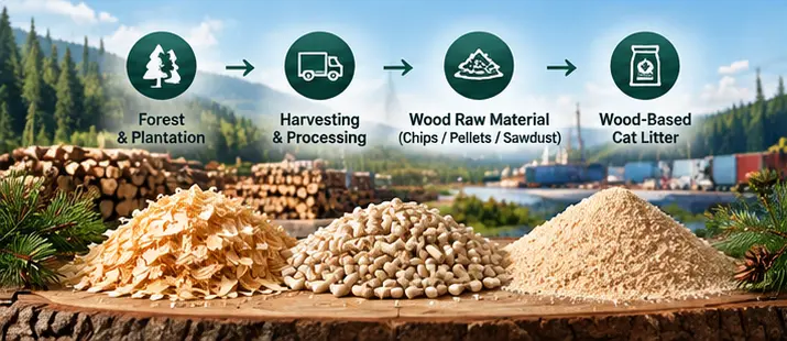 Wood cat litter supply chain from forest and harvesting to wood-based cat litter